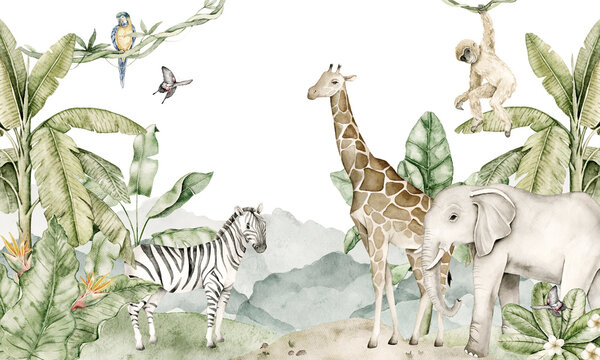 Watercolor jungle wallpaper with giraffe, elephant, zebra, monkey, parrots and tropical plants. Pastel soft colors. Animal themed wall design for nursery interior, kids room decor, playroom styling.