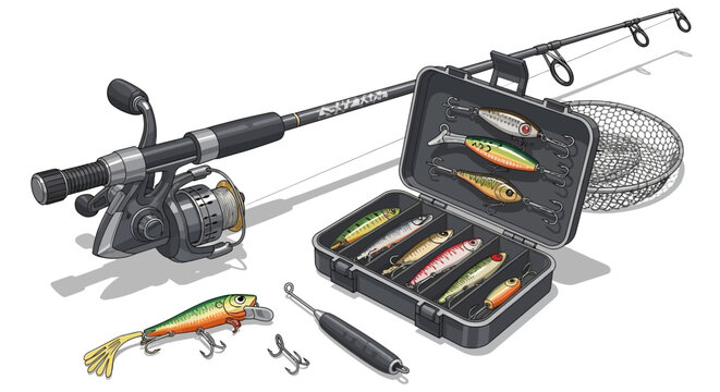 Fishing gear collection including rod, reel, lures, and tackle box on a white background