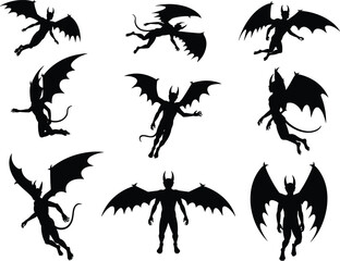 Obraz premium Flying demon silhouettes collection, horned devil characters with bat wings isolated on white background for Halloween horror design