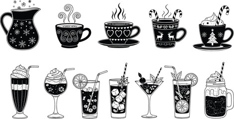 Collection of drink silhouettes featuring hot cocoa mugs with candy canes and iced summer cocktails with fruit garnishes
