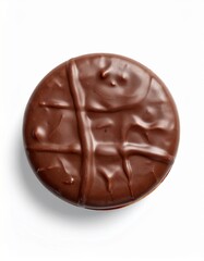 Obraz premium Overhead shot of a circular chocolate-covered biscuit with dark brown frosting
