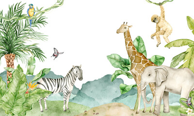 Watercolor safari jungle wallpaper illustration with giraffe, elephant, zebra, monkey, parrots and tropical plants. Animal themed wall design for nursery interior, kids room decor, playroom styling. © Evgeniia