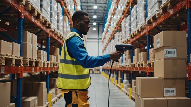 Warehouse worker scanning barcodes on boxes with laser scanner, logistics and inventory management