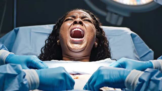 African American woman screaming in labor during hospital delivery
