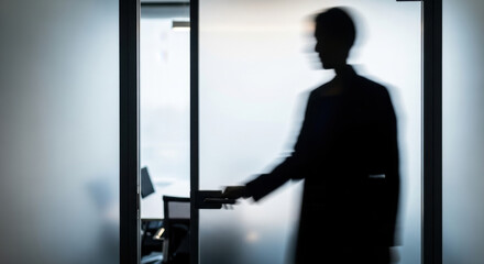 A silhouette of a businessman entering a modern office building with a frosted glass door