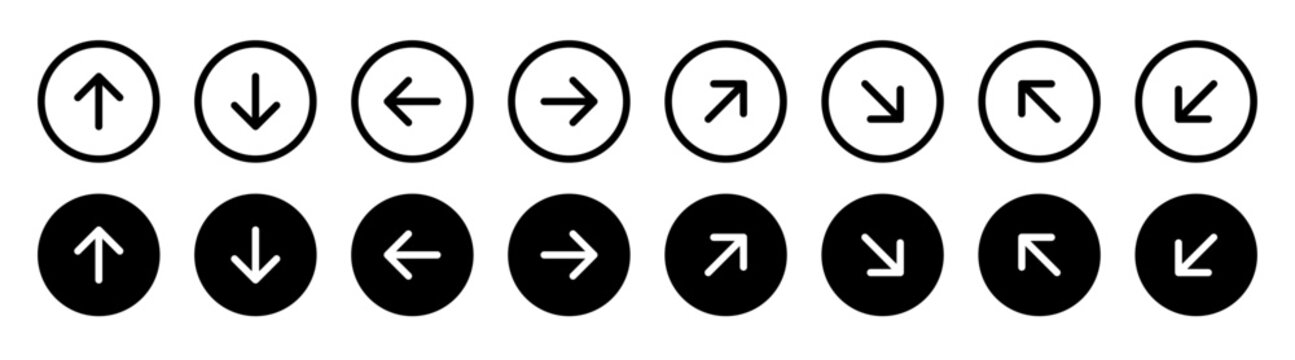 16-piece set of simple arrow icons with upper, lower, left, and right, and diagonally surrounded (vector)