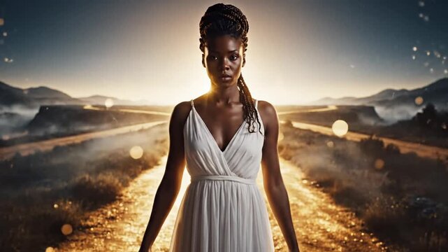 African American woman breaking chains in a radiant outdoor landscape