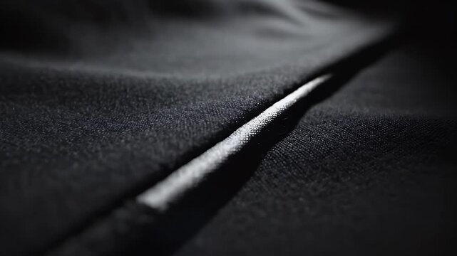 Macro view of textured black fabric with a prominent, shiny seam