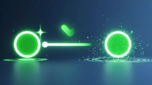 A glowing digital path with two interconnected circles and a checkmark, symbolizing successful completion, progress, or a confirmed process.