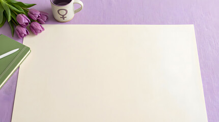 Purple tulips and female symbol mug beside green notebook and blank paper white pen