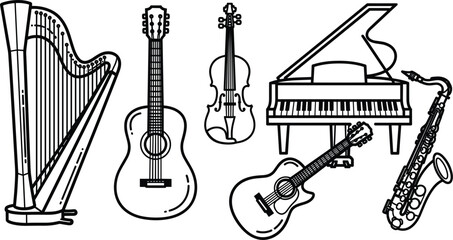 Fototapeta premium Classical and modern musical instruments collection, black silhouette icons with harp, acoustic guitar, violin, grand piano and saxophone isolated on white background.