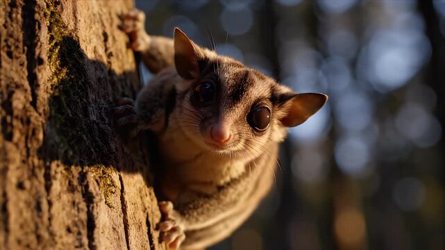 Close-Up of a Sugar Glider Climbing a Tree Trunk in Australia with Soft Lighting and a Blurred Forest Background