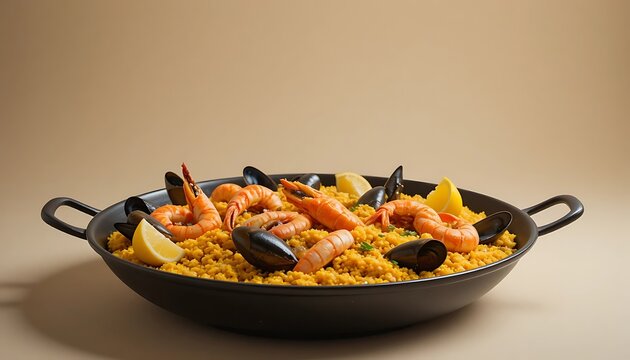 Seafood paella with prawns, mussels, clams, saffron rice, and lemon wedges served in black paella pan