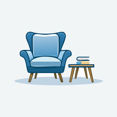Fototapeta premium Comfortable blue armchair beside a small wooden side table with books.