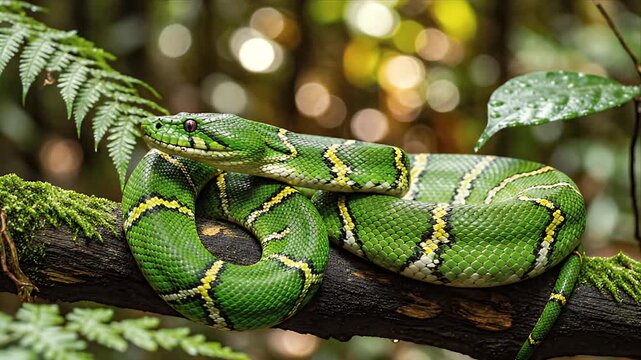 Emerald Tree Boa Resting on a Branch with Tropical Foliage and Bokeh Background Under Natural Lighting Exotic Wildlife