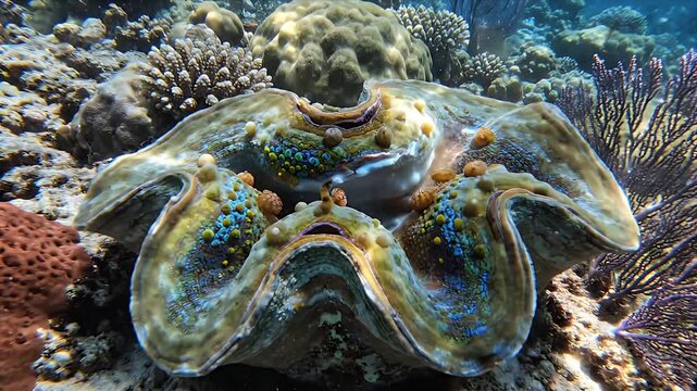 Giant Clam Underwater on Coral Reef Seabed with Sunlit Water Surface Ripples Tropical Marine Ecosystem Colorful