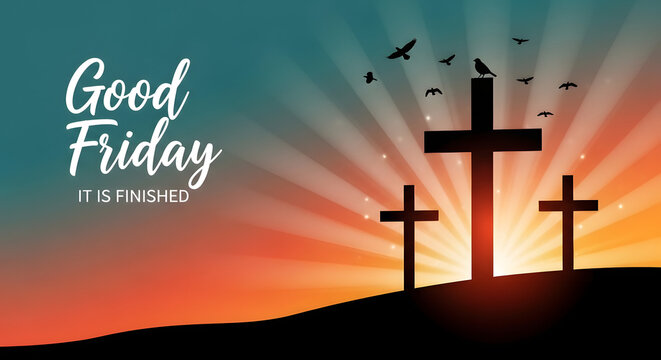 Good Friday Crosses Silhouette at Sunrise with Birds, Religious Christian Holiday Theme