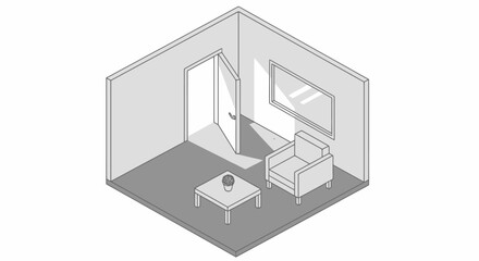 Isometric view of a minimalist living room with armchair and coffee table.