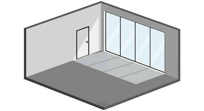 Isometric view of an empty room with a door and large windows.