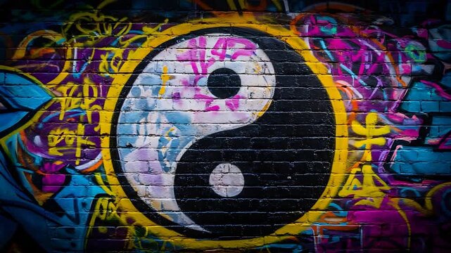 Vibrant Graffiti Art on Brick Wall with Yin and Yang Symbol for Urban Aesthetic.