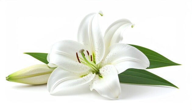 Elegant White Lily Blossom with Bud and Green Leaves.