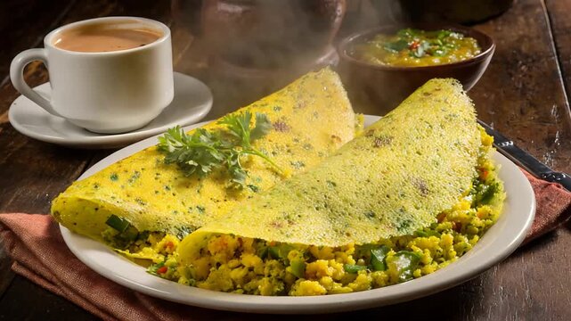 Delicious Indian Breakfast with Hot Masala Dosa, Fresh Chutney, and Steaming Chai Tea.