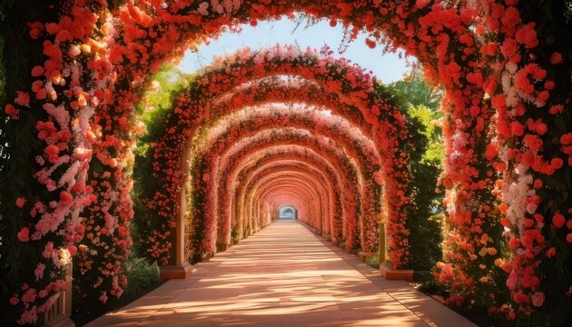 Enchanting floral tunnel with vibrant red roses and lush greenery.
