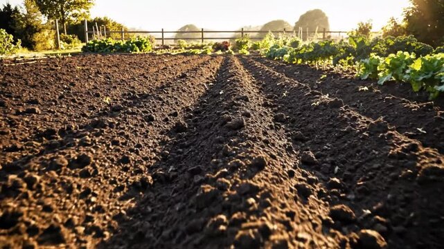 Fertile soil and lush green plants in a well-maintained agricultural field with rows of cultivated land for optimal crop growth and farming success.