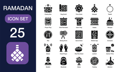 Ramadan icon set. High Quality Icon Collection. Include ketupat, Kaaba, iftar, mosque, lantern, tasbih and More. Solid Icons vector collection.
