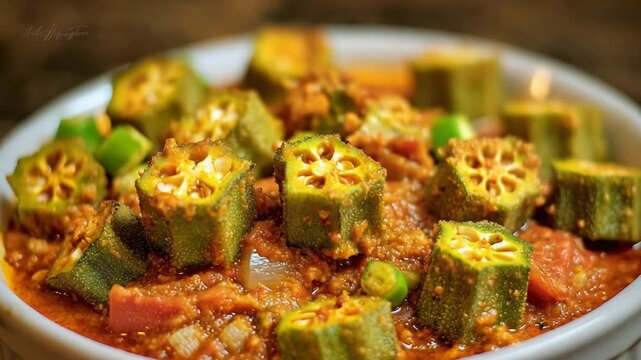 Delicious Indian Okra Curry with Spices and Tomatoes, a Traditional Homemade Meal.