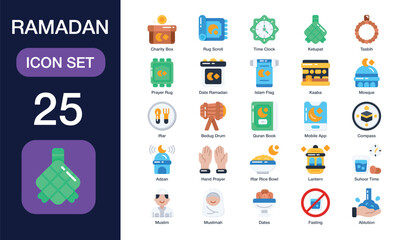 Ramadan icon set. High Quality Icon Collection. Include ketupat, Kaaba, iftar, mosque, lantern, tasbih and More. Flat Icons vector collection.