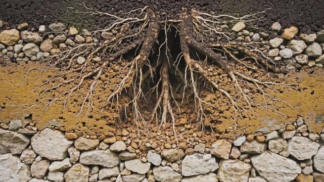 Detailed cross section of tree roots exposed in rocky soil showcasing root system structure and underground plant anatomy in varying soil compositions.