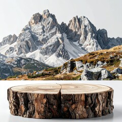 Natural Wood Slice Podium with Majestic Mountain Landscape Background.