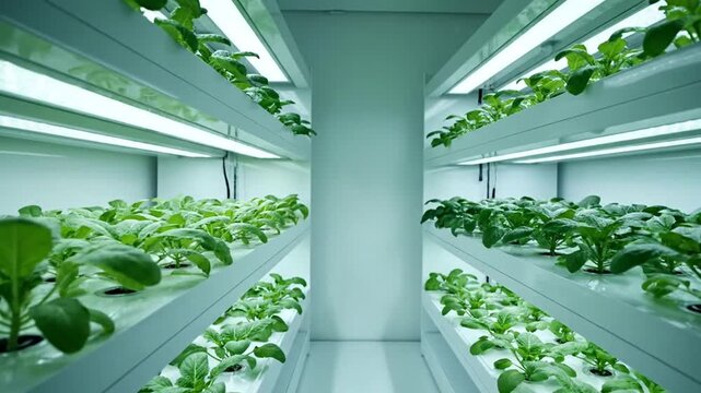 Lush green plants grow in rows on white shelves in a modern indoor hydroponic farm with led lighting.