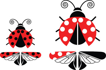 Cute ladybug vector set with red and white spots featuring flying insect wings for nature education design © Bappi
