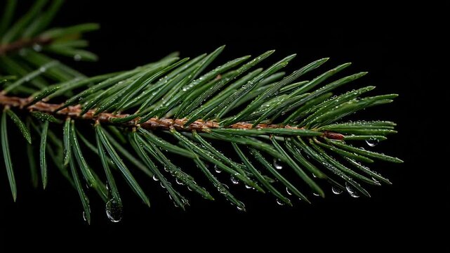 Close up of fresh green pine branch covered in sparkling water droplets against dark background.