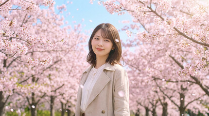 桜と笑顔の若い日本人女性
