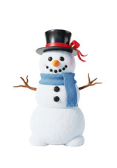 Cheerful three-tiered snowman character illustration, made of sparkling snow, wearing a black top hat and light blue knitted scarf, standing against a transparent background with copy space: