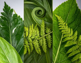 Vibrant Green Foliage Collage with Ferns and Lush Leaves.