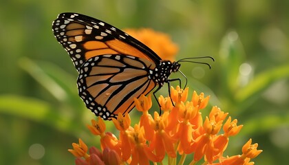 Obraz premium Monarch butterfly perched on orange milkweed flowers in natural sunlight, close up