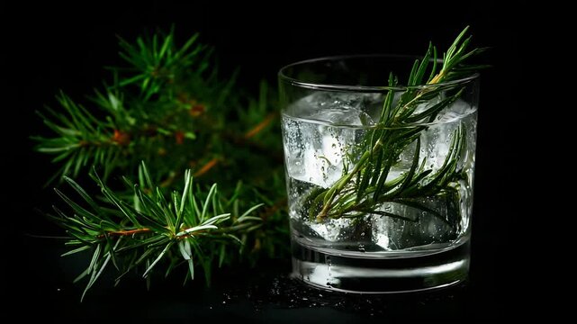 Refreshing Herbal Gin Cocktail with Ice, Rosemary, and Juniper Branch on Dark Background.