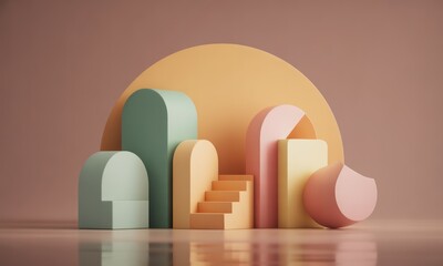 Pastel colored abstract 3D shapes on a reflective surface