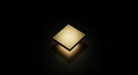 Illuminated golden cube levitating against a black background, mysterious