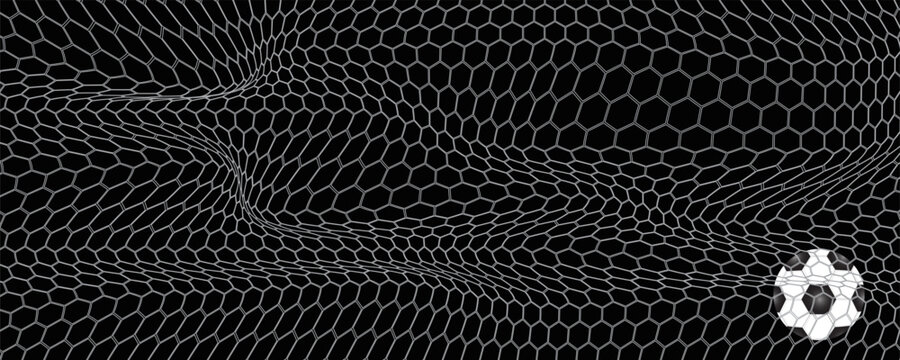 soccer ball moving in to goal net isolated on black background