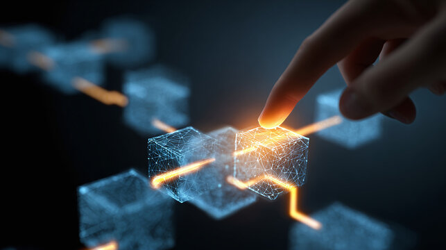 A futuristic concept of digital blockchain technology is being explored. A finger is seen interacting with the interconnected data blocks, emphasizing innovation and connectivity.