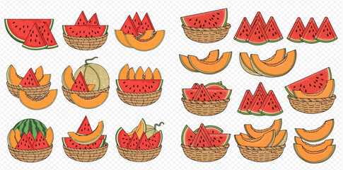 Collection of various illustrations featuring watermelons and cantaloupes in baskets.