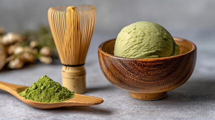 Fototapeta premium Delicious Green Matcha Ice Cream Scoop Served With Bamboo Whisk And Powder 