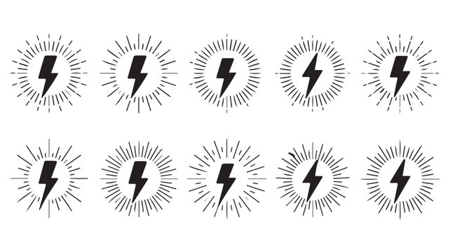 Ten crisp black and white lightning bolt icons with radiant sunbursts, perfect for symbolizing power, speed, energy, and inspiration in modern graphic designs