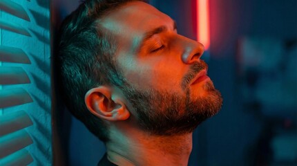 Young bearded man with closed eyes illuminated by dramatic neon light evoking feelings of peace relaxation and urban contemplation