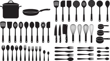 Complete kitchen utensils silhouette collection, cookware cutlery tools set isolated on white background